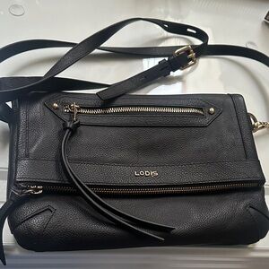 Lodis Black Leather Shoulder Bag with Gold Accents